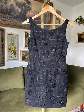90s Carmen Marc Valvo Black Embroidered Sleeveless Midi Dress